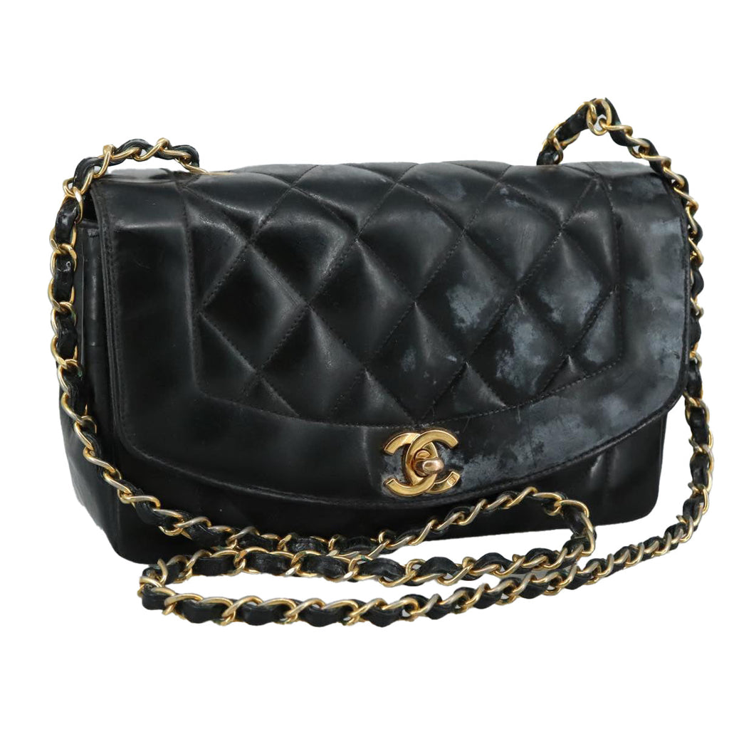 CHANEL Chain Diana Shoulder Bag Patent leather Black Gold CC PP136