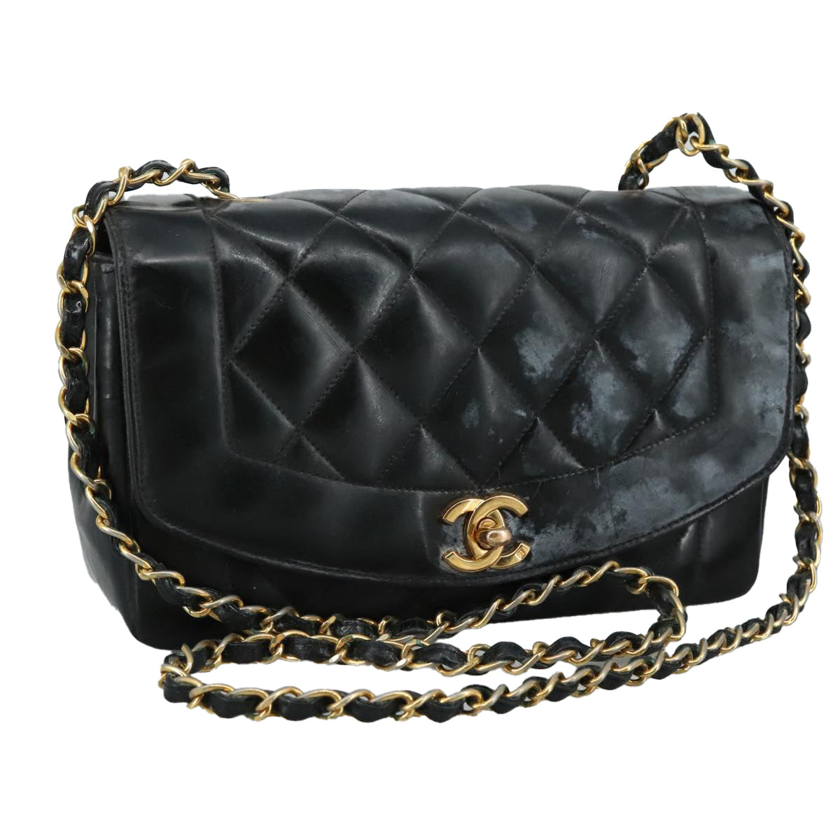 CHANEL Chain Diana Shoulder Bag Patent leather Black Gold CC PP136