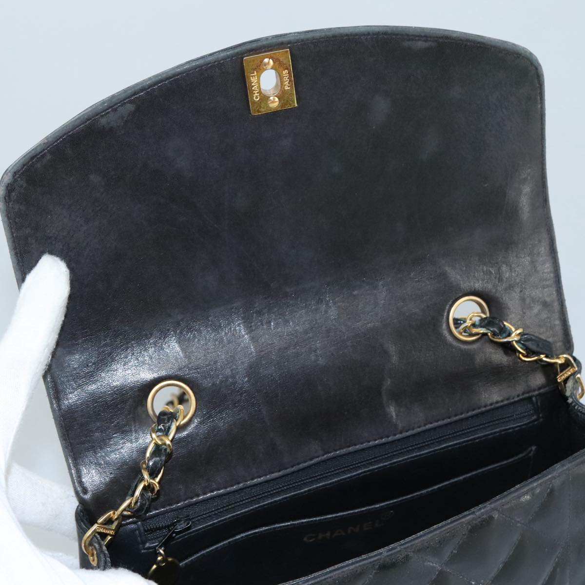CHANEL Chain Diana Shoulder Bag Patent leather Black Gold CC PP136