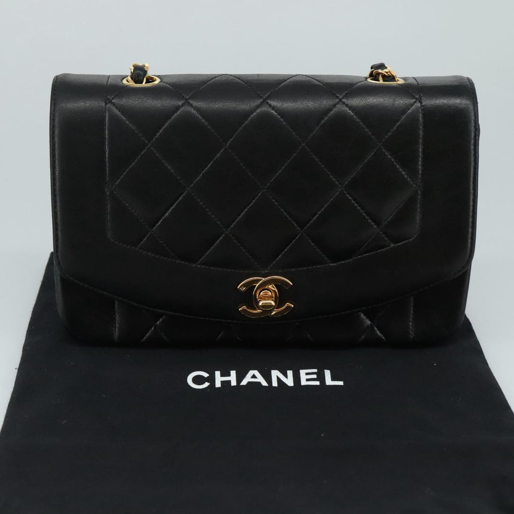 CHANEL Chain Diana Shoulder Bag Lamb Skin Black Gold CC PP139