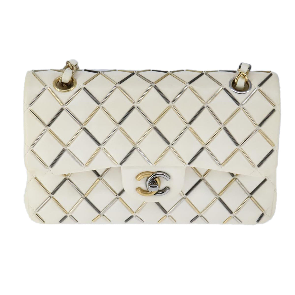 CHANEL Matelasse Chain Shoulder Bag Lamb Skin White CC PP140A