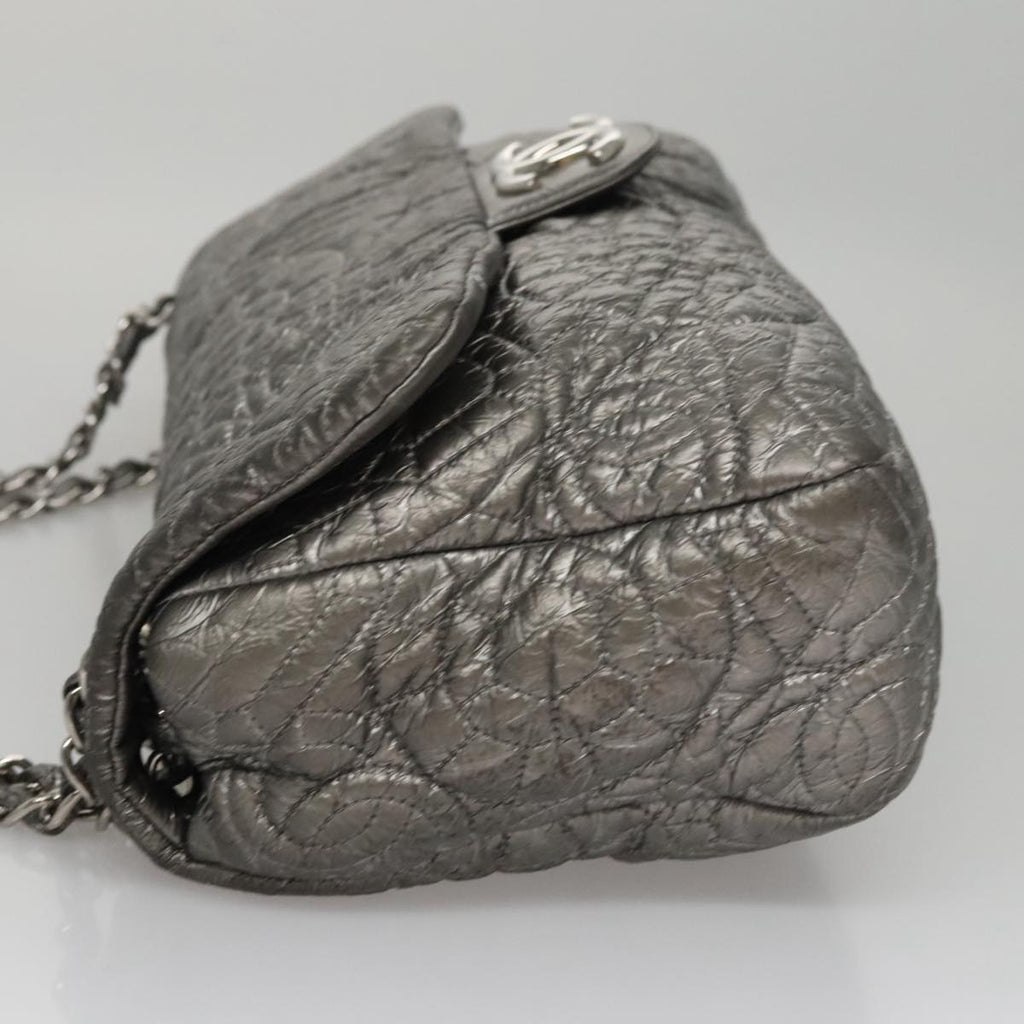 CHANEL Chain Shoulder Bag Nylon Gray Silver CC PP144