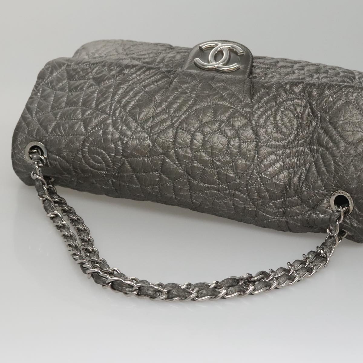 CHANEL Chain Shoulder Bag Nylon Gray Silver CC PP144