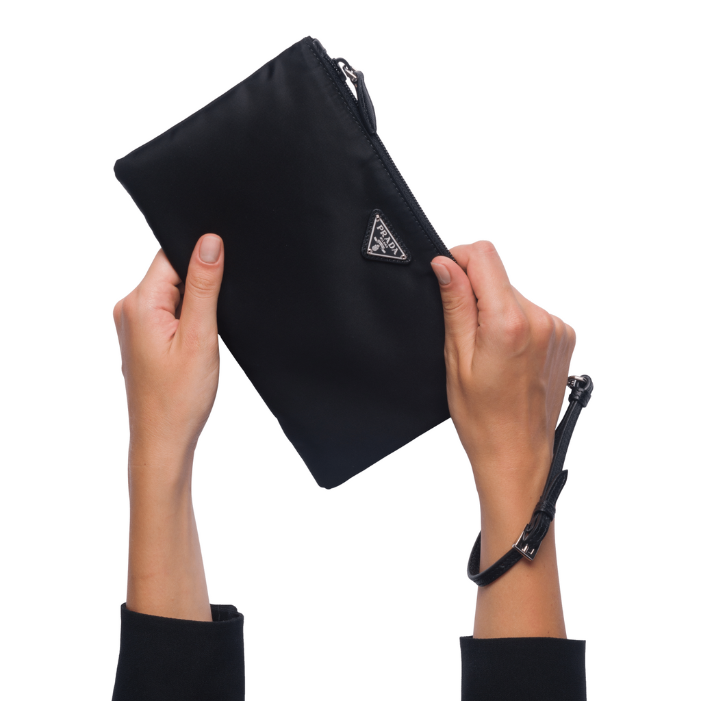Prada Black Tessuto Nylon Pouch Prada Logo Wristlet Clutch Bag