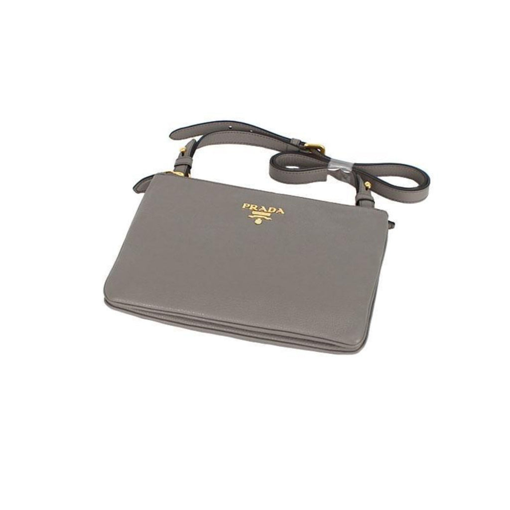 Prada Vitello Phenix Argilla Gray Leather Logo Plaque Crossbody Bag