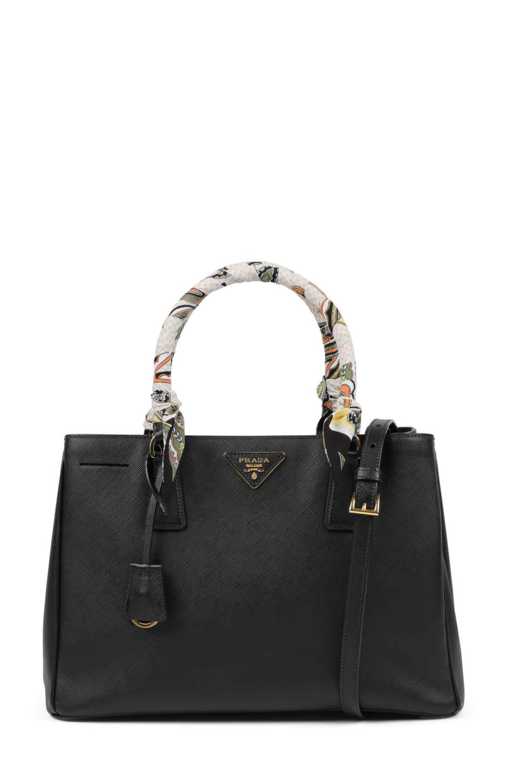 Medium Saffiano Lux Single Zip Tote Black with Handle Wraps