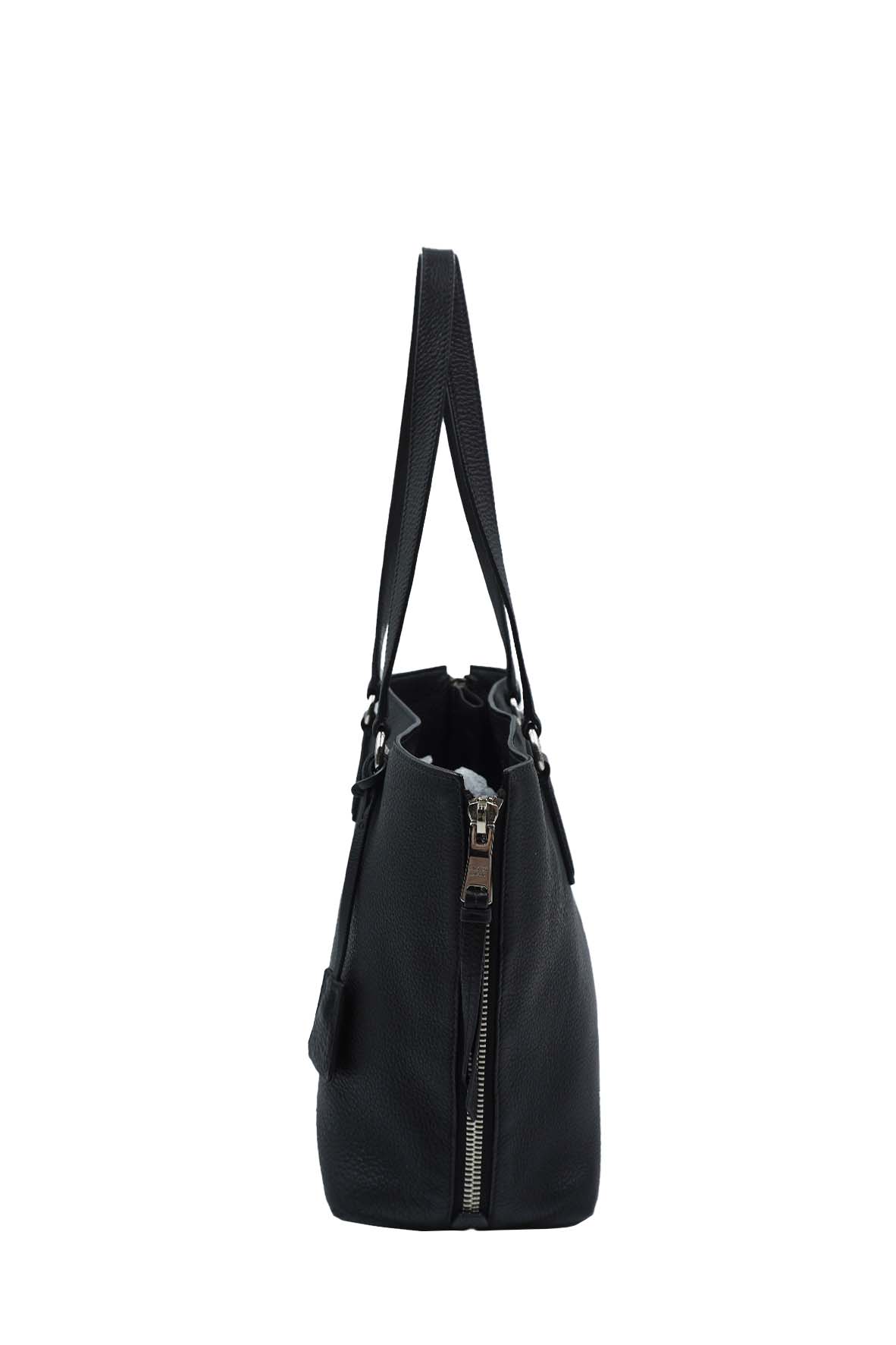 Vitello Daino Side Zip Shopping Tote Black