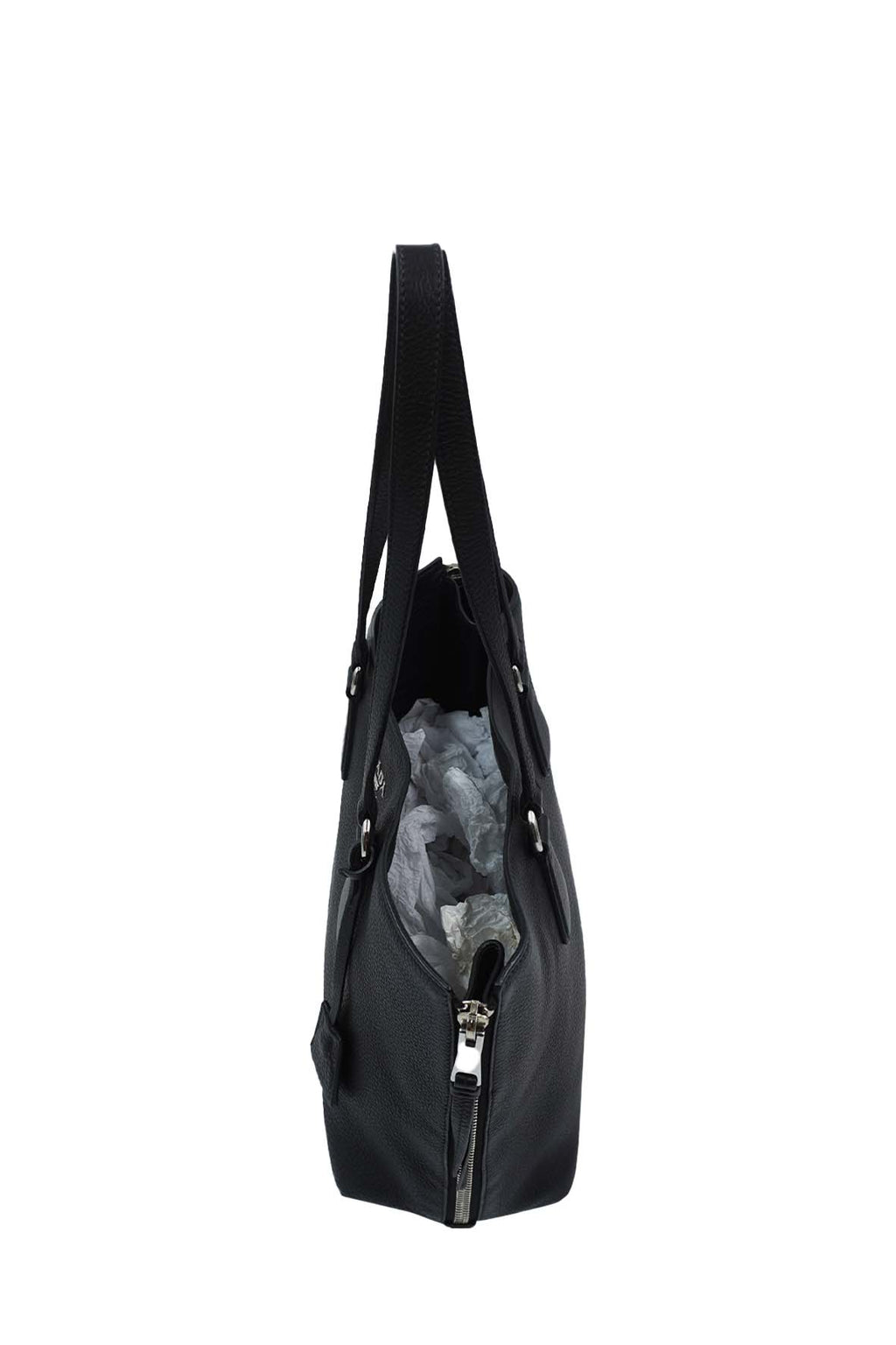 Vitello Daino Side Zip Shopping Tote Black
