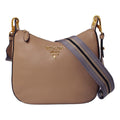Prada Vitello Daino Tan Leather Bag Nylon Web Striped Strap 1BC166 - 1BC052