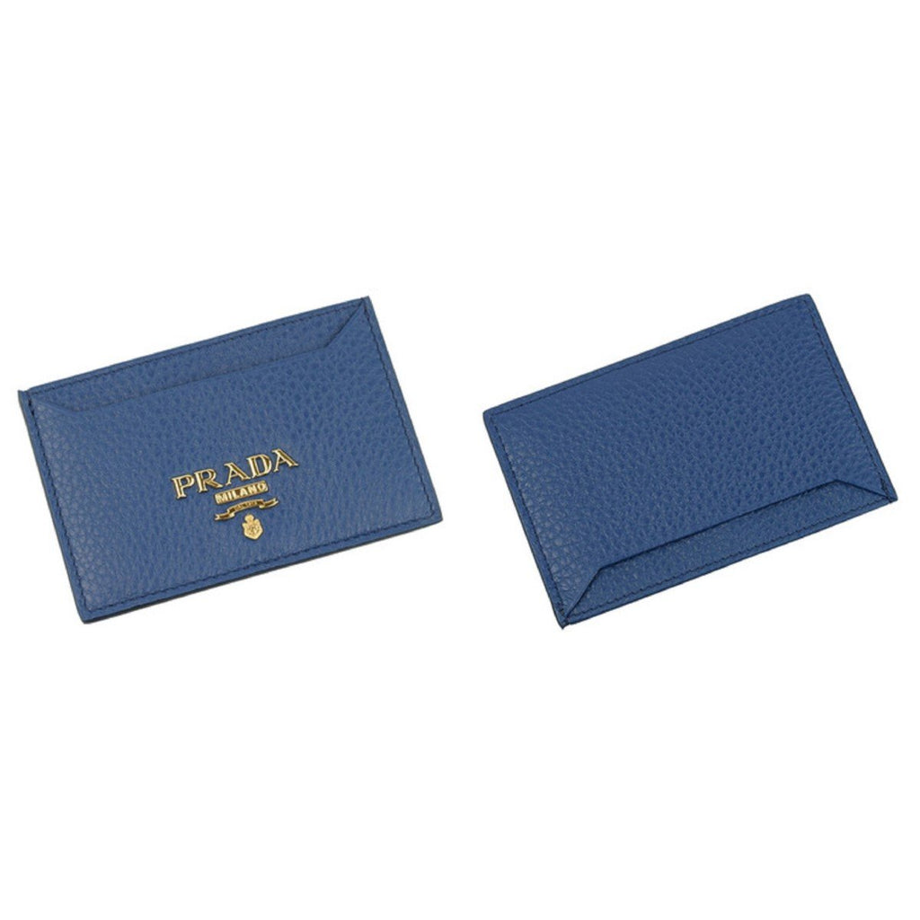Prada Vitello Grain Leather Bluette Blue Gold Logo Card Holder 1MC208