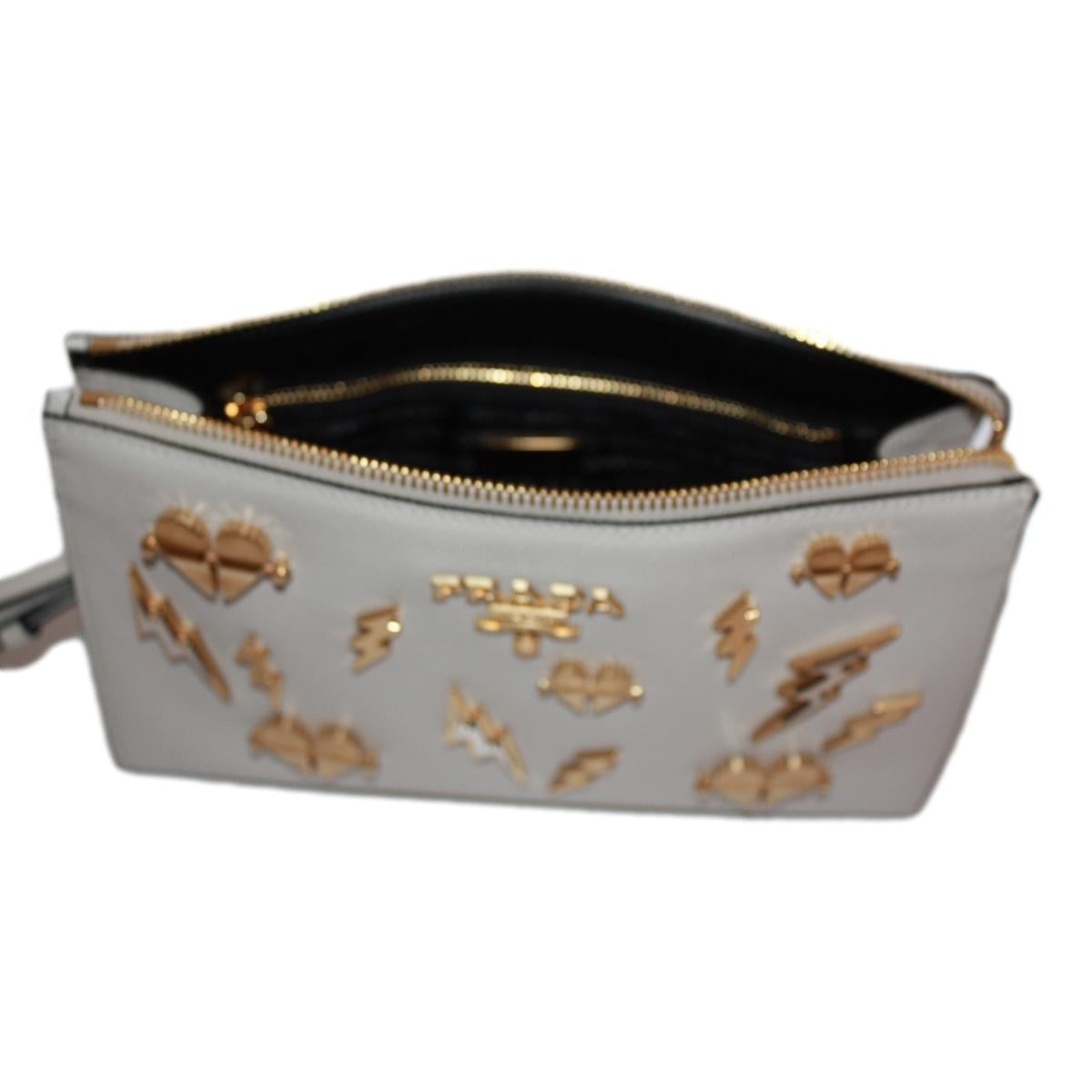Prada White Saffiano Leather Gold Hearts Pouch Wristlet Bag 1NE007