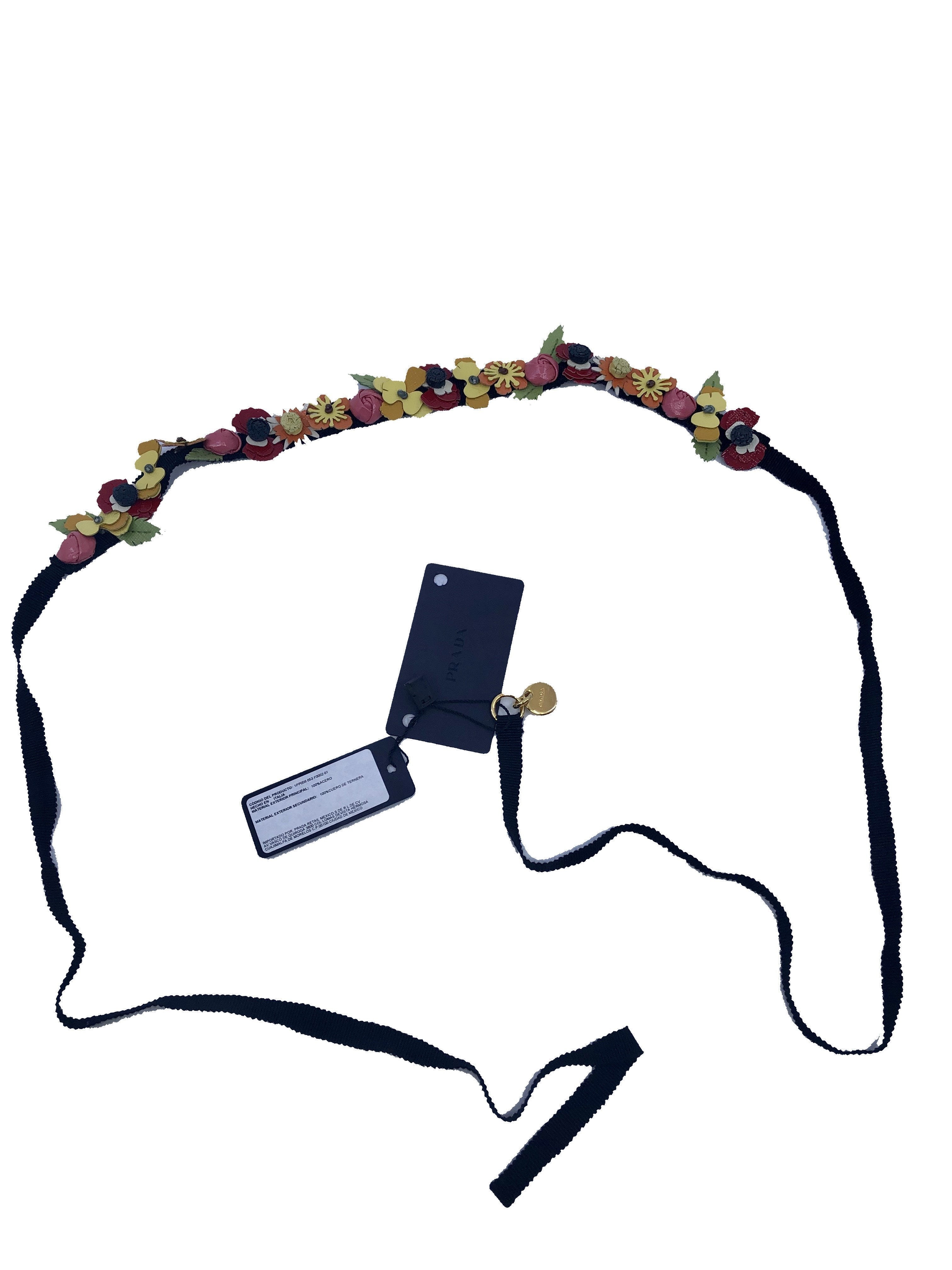 Prada Women's Collane in Pelle Tu Nero Black Vernice Garden Flower Belt Strap 1IC017