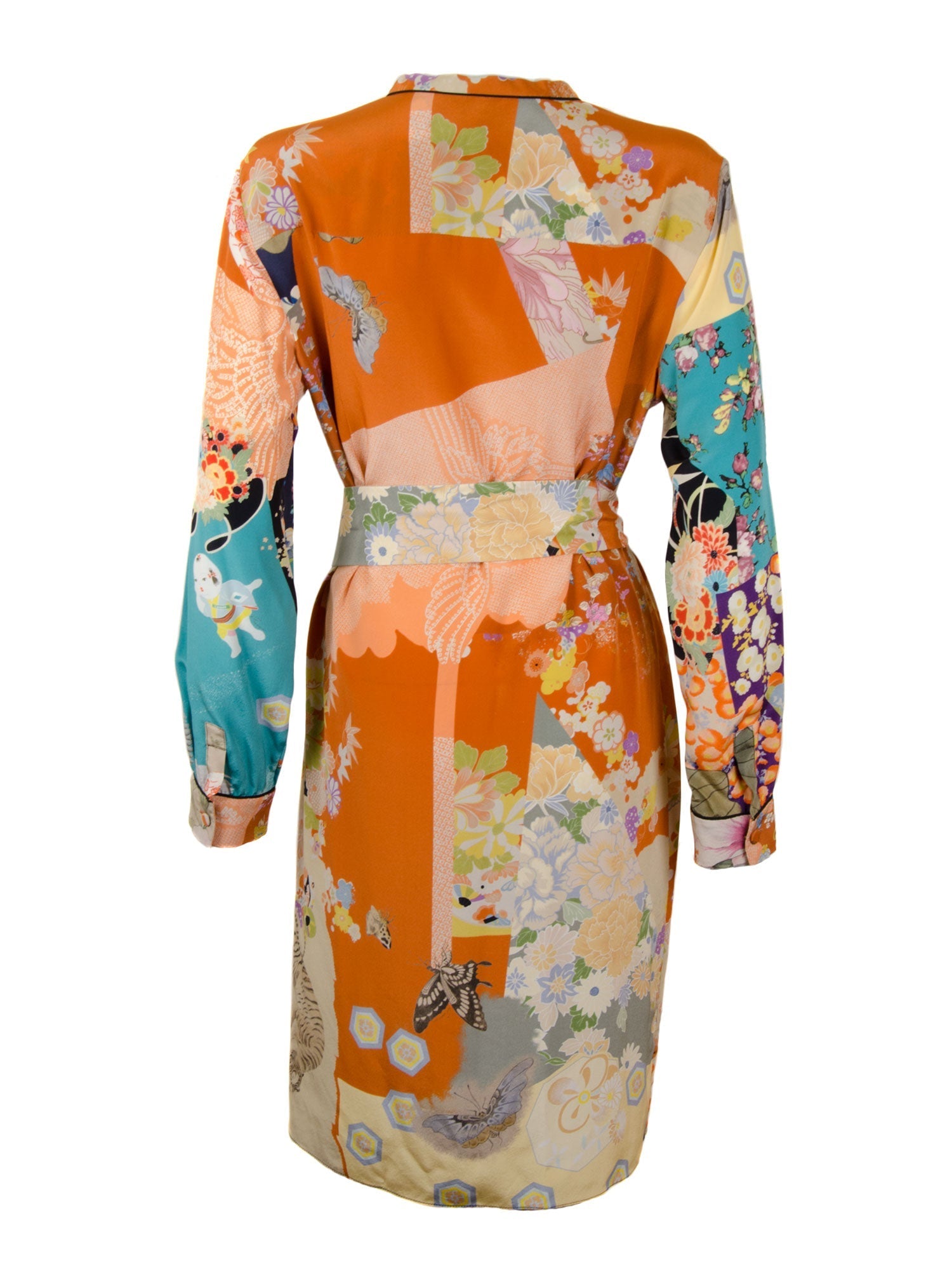 Oriental Print Long Sleeved Silk Dress