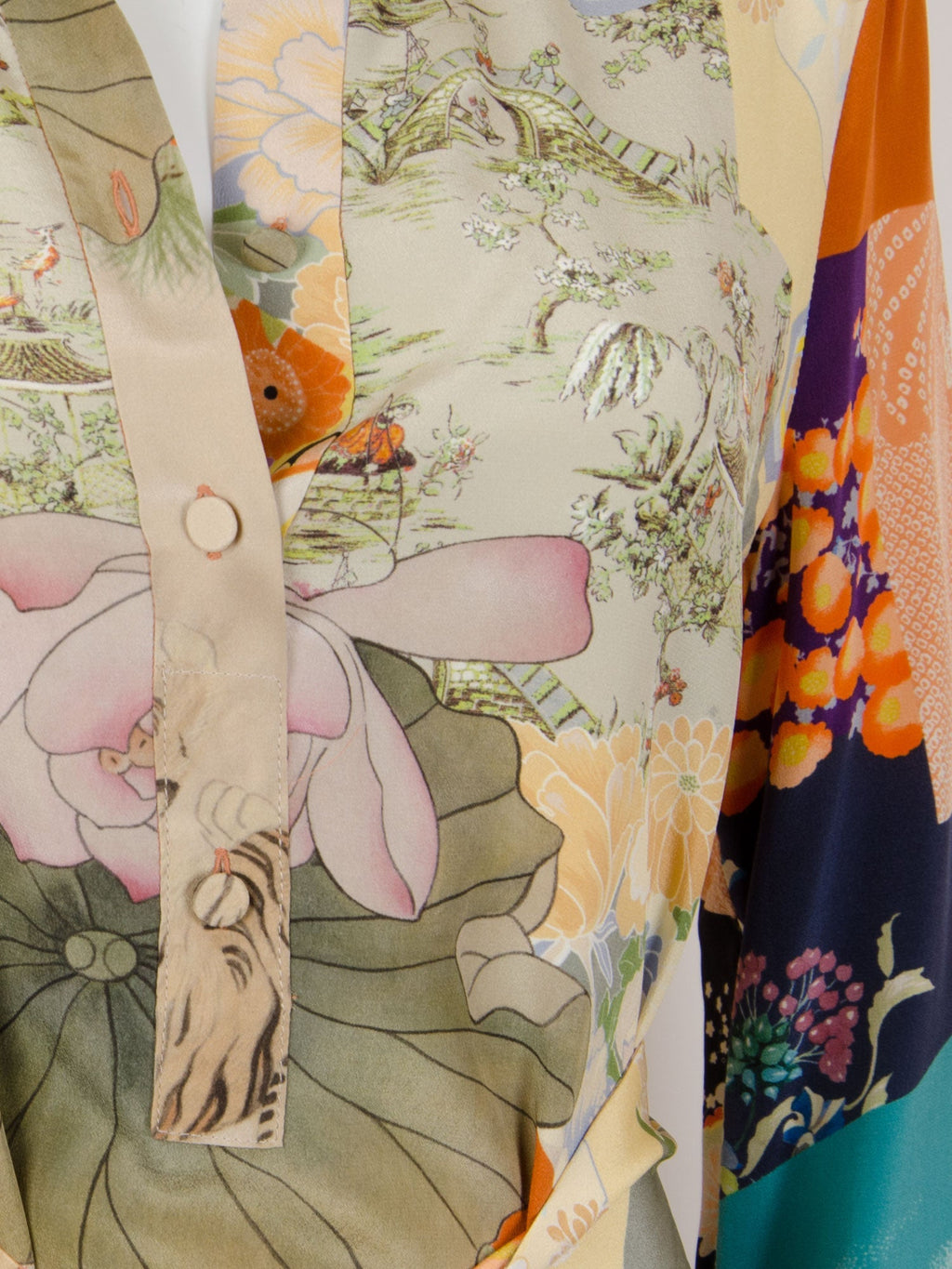 Oriental Print Long Sleeved Silk Dress