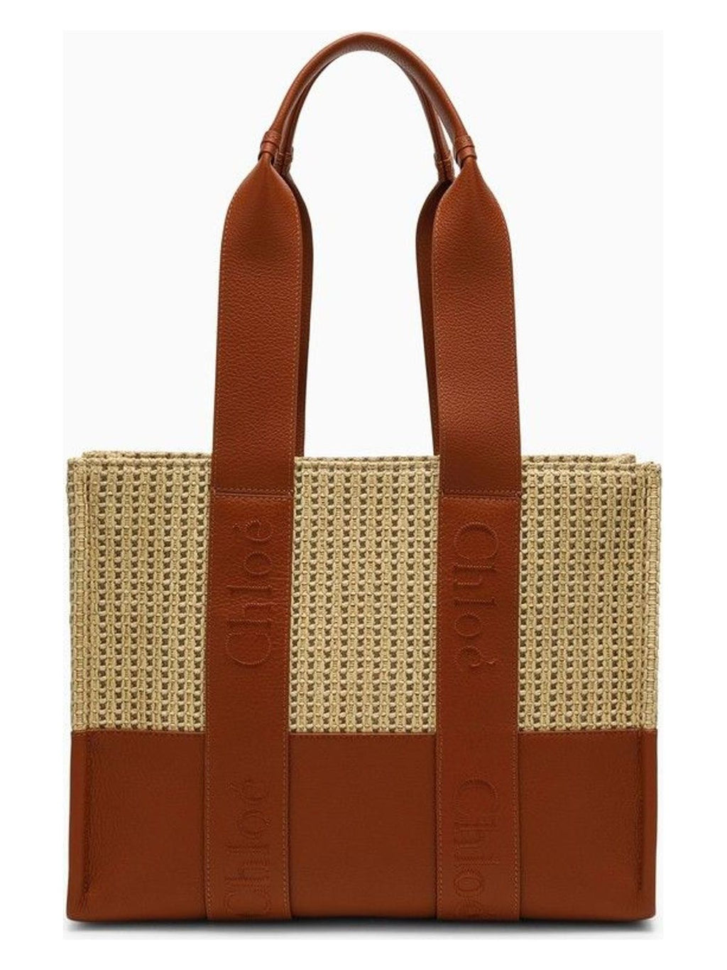 MEDIUM CARAMEL-COLOURED WOODY BAG IN RAFFIA-EFFECT FABRIC