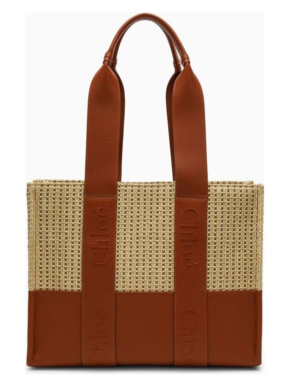 MEDIUM CARAMEL-COLOURED WOODY BAG IN RAFFIA-EFFECT FABRIC