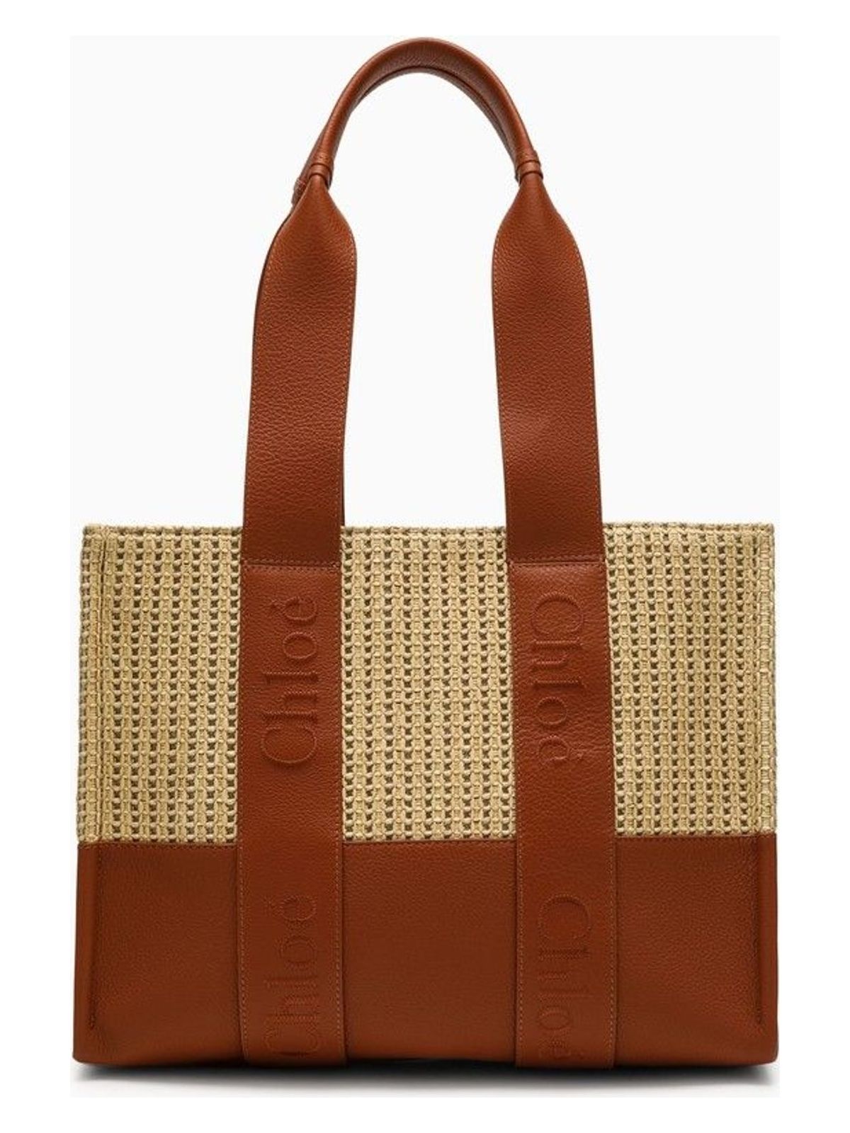 MEDIUM CARAMEL-COLOURED WOODY BAG IN RAFFIA-EFFECT FABRIC