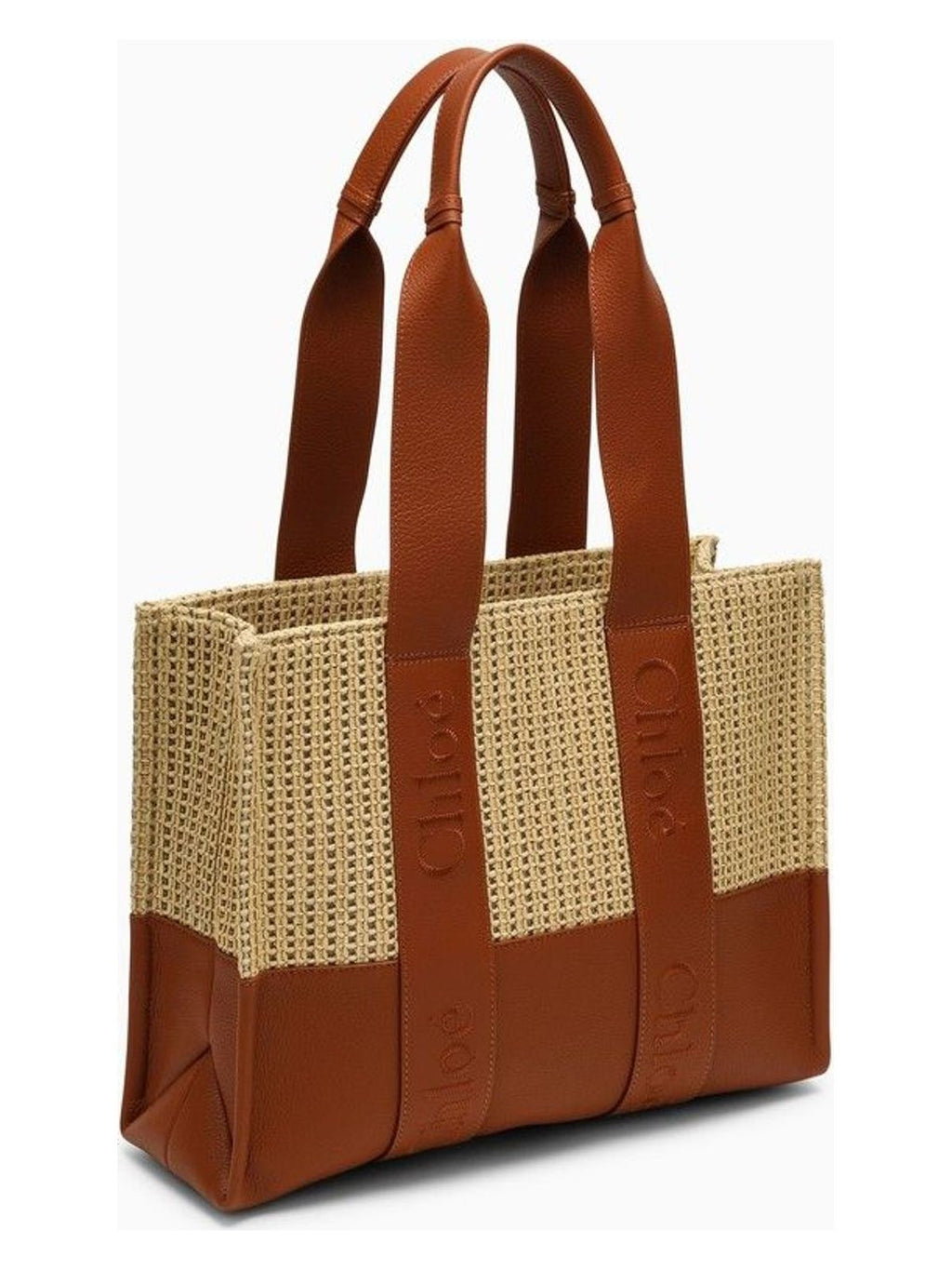 MEDIUM CARAMEL-COLOURED WOODY BAG IN RAFFIA-EFFECT FABRIC