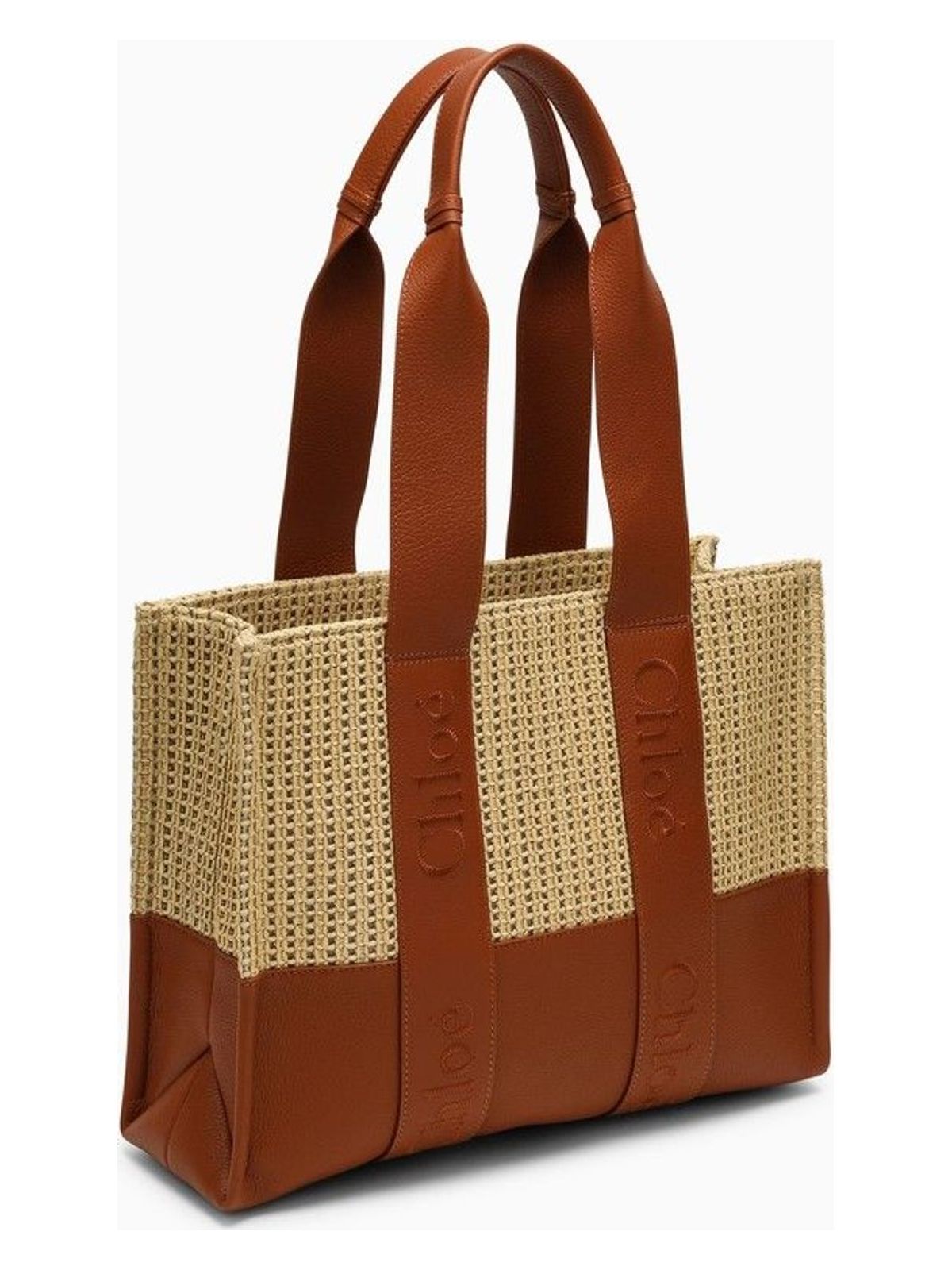 MEDIUM CARAMEL-COLOURED WOODY BAG IN RAFFIA-EFFECT FABRIC
