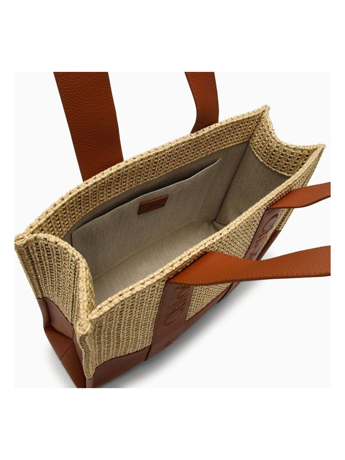 MEDIUM CARAMEL-COLOURED WOODY BAG IN RAFFIA-EFFECT FABRIC
