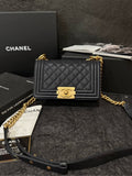 Chanel Small Boy Caviar Black Gold Handle Bag with Card