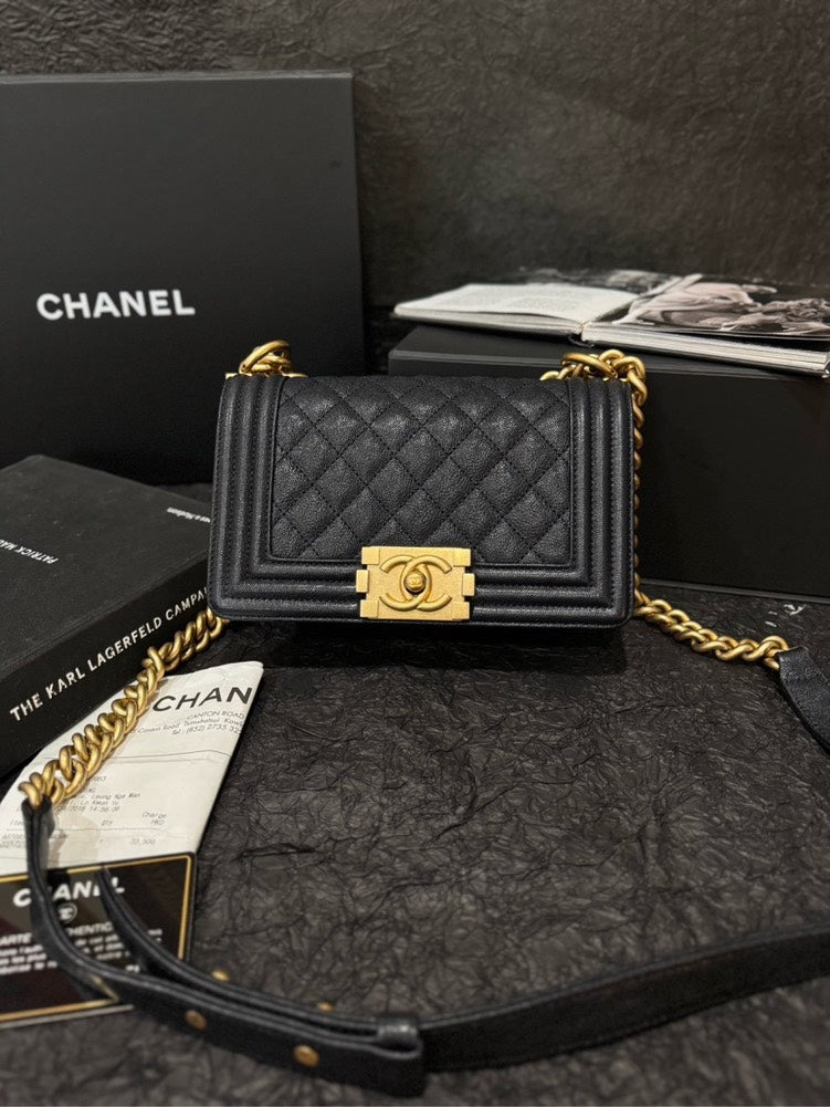Chanel Small Boy Caviar Black Gold Handle Bag with Card