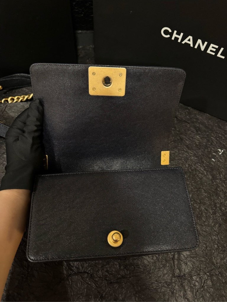 Chanel Small Boy Caviar Black Gold Handle Bag with Card