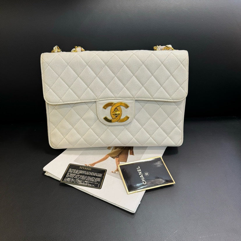 Chanel Vintage CF Maxi White Quilted Leather Shoulder Bag 30x21x8cm
