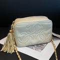Chanel Vintage White Leather Camera Bag With Tassel Gold Chain Strap