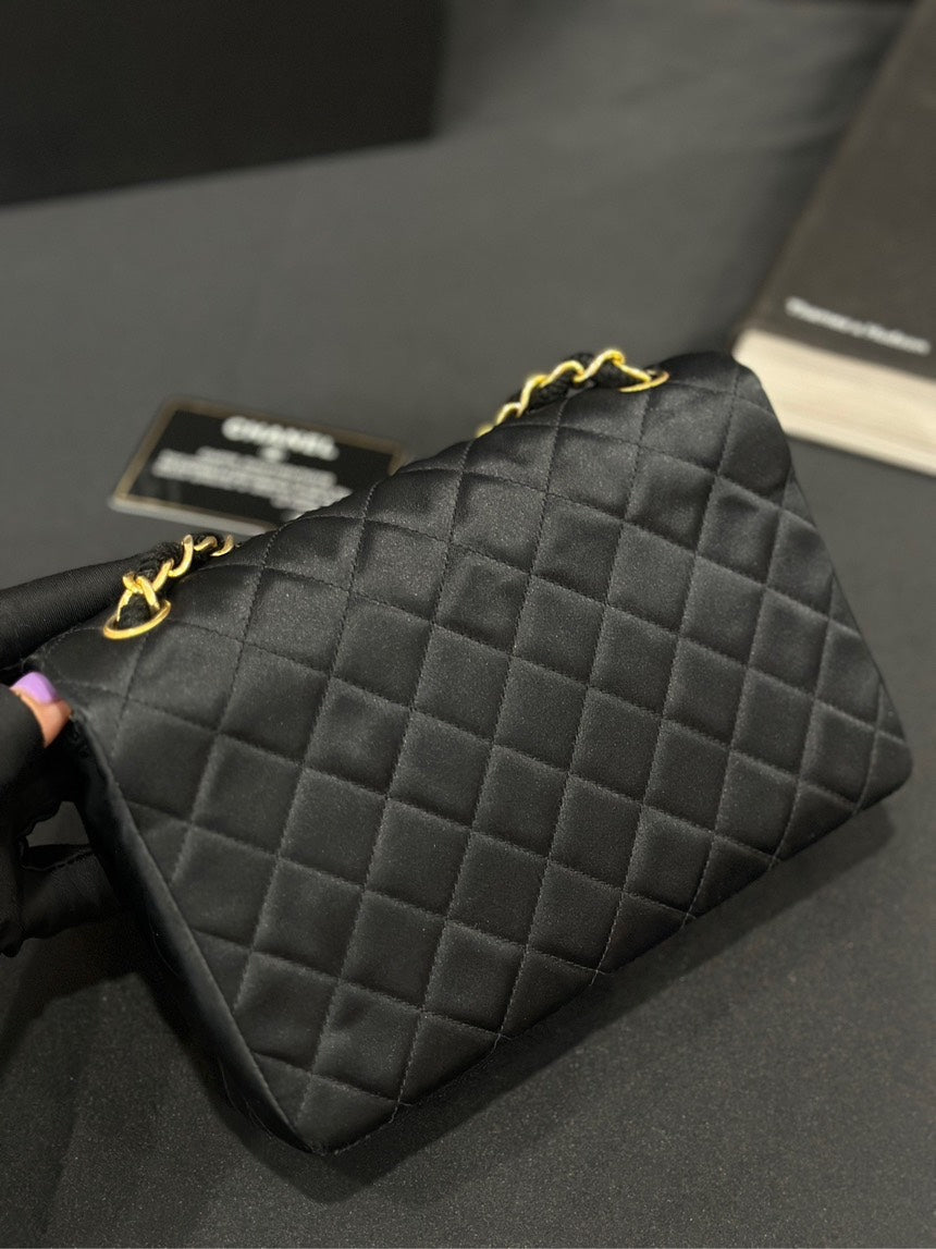 Chanel CF Chain Bag Black Gold Satin Circular Turnlock Buckle