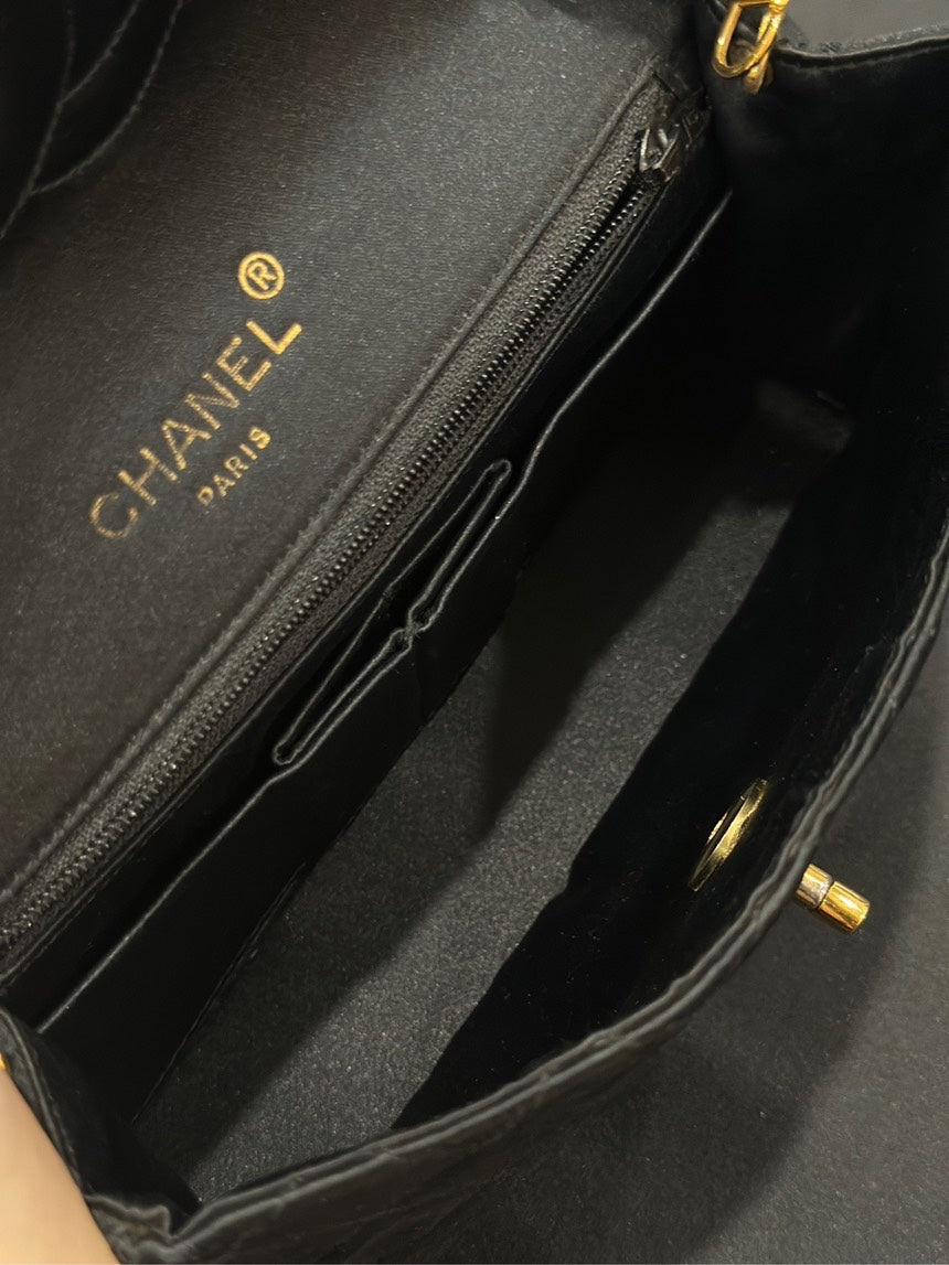 Chanel CF Chain Bag Black Gold Satin Circular Turnlock Buckle