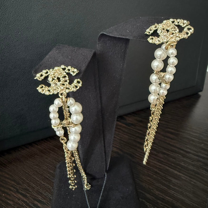 Chanel Coco Pearl Dangling Post Earrings Gold Earrings