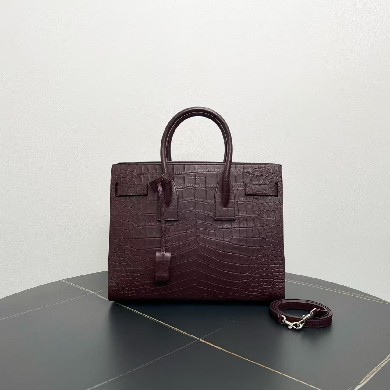 Saint Laurent Crocodile-Embossed Burgundy Sac De Jour Tote Bag