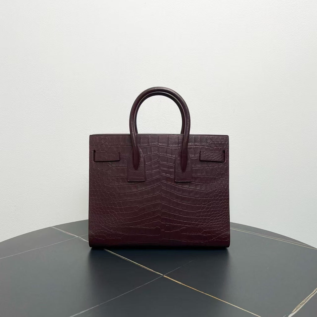 Saint Laurent Crocodile-Embossed Burgundy Sac De Jour Tote Bag