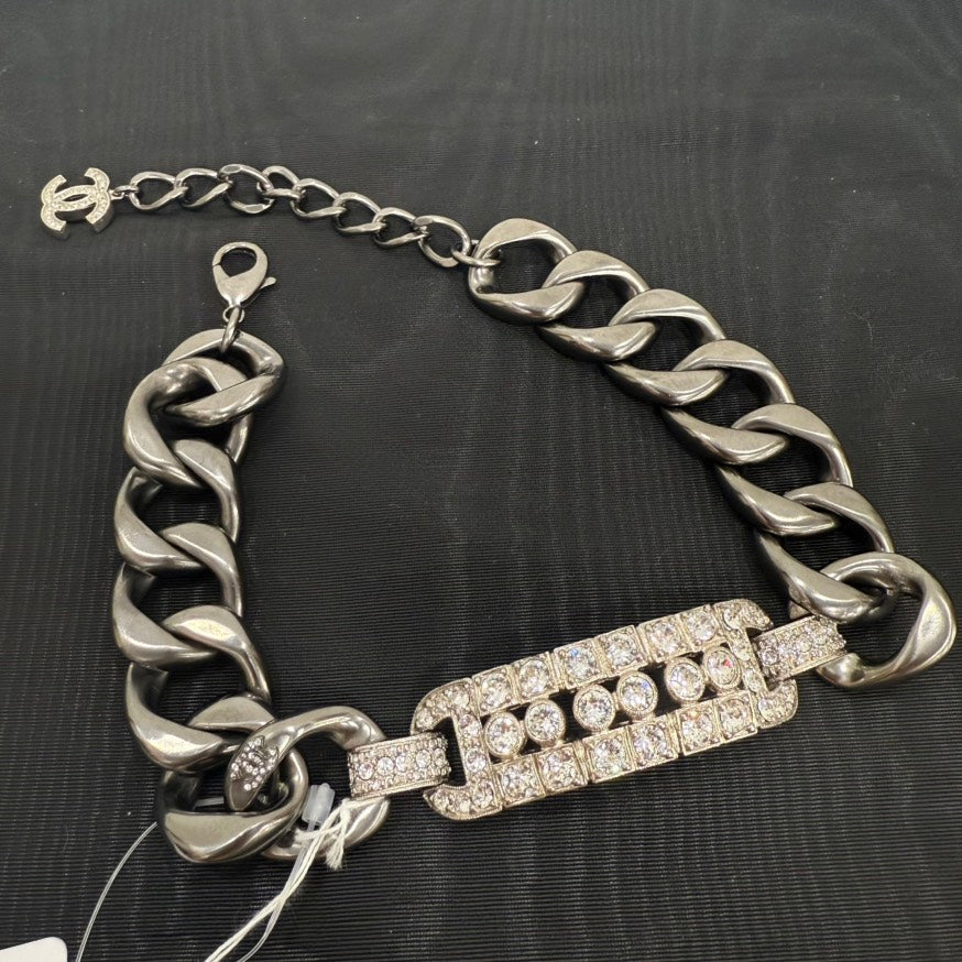 Chanel Rhinestone Chain Choker B14C FM9031 Silver Necklace