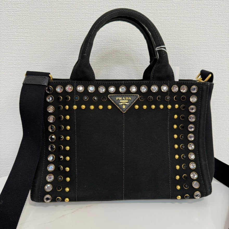 Preloved Prada Canapa Rhinestone Canvas Black 2way Bag FM9013