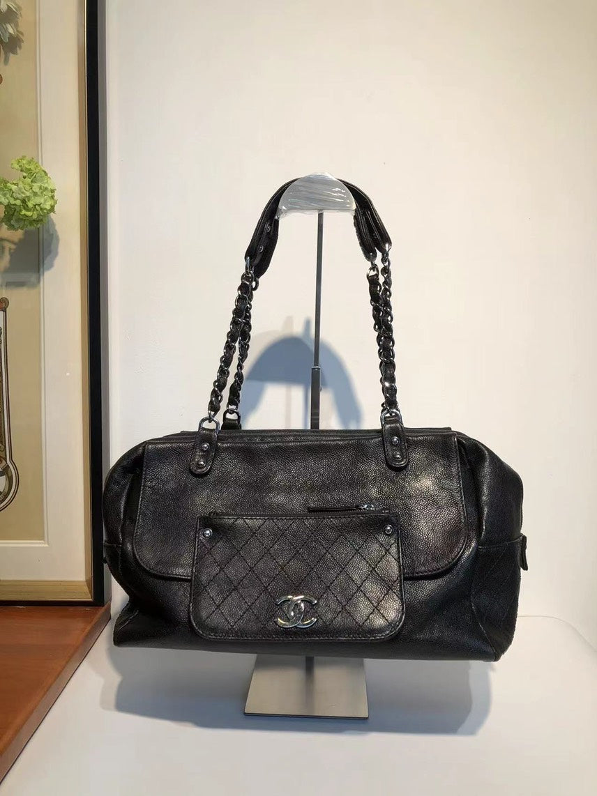 Preloved Chanel Black Boston Bag - Classic Black Leather Shoulder Bag