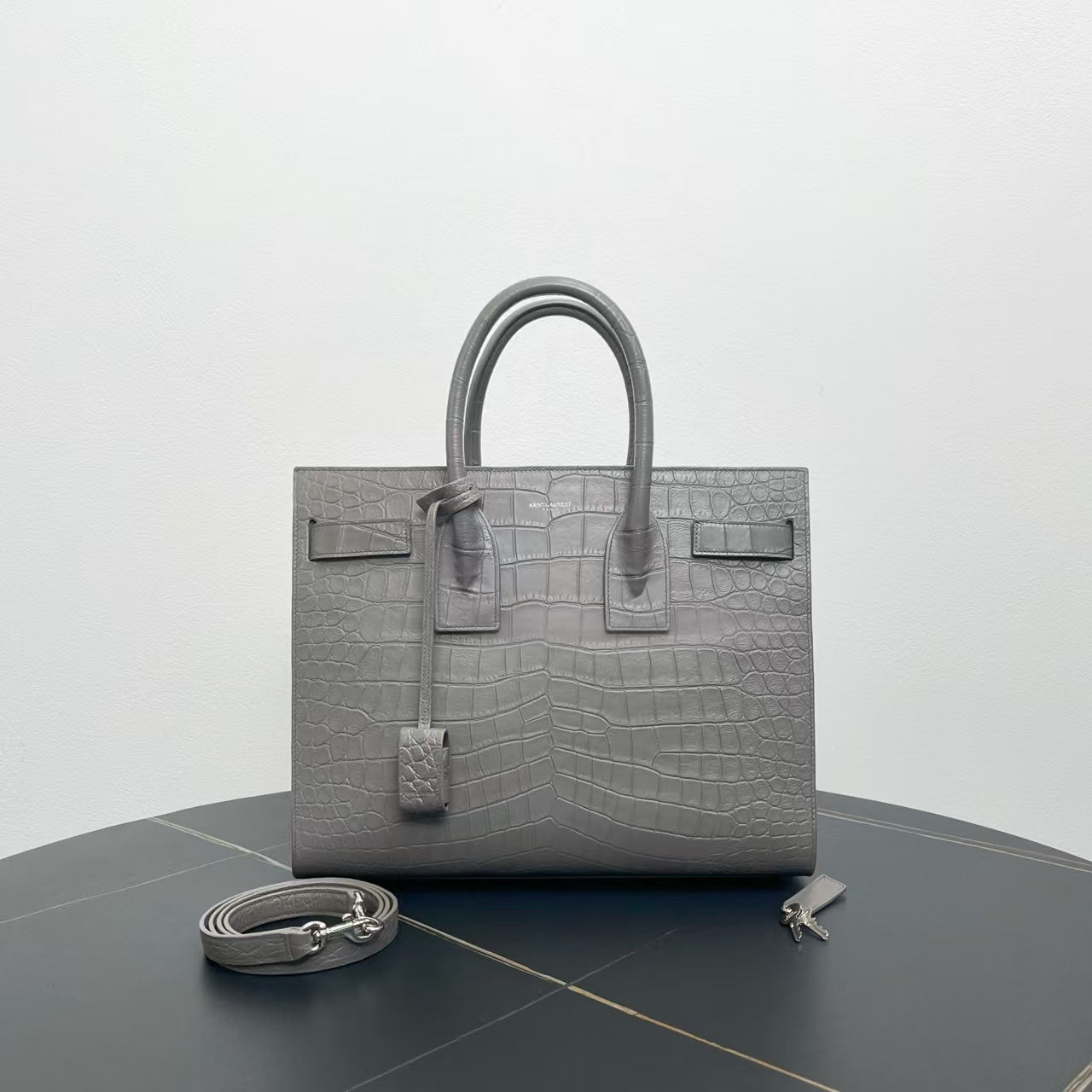 Preloved YSL Sac De Jour Croc Embossed Gray Leather Two-Way Bag