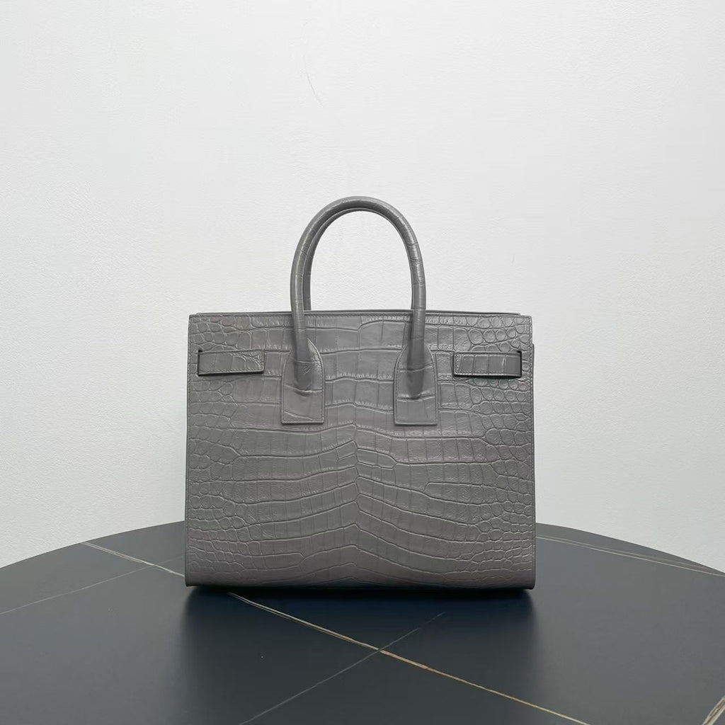 Preloved YSL Sac De Jour Croc Embossed Gray Leather Two-Way Bag