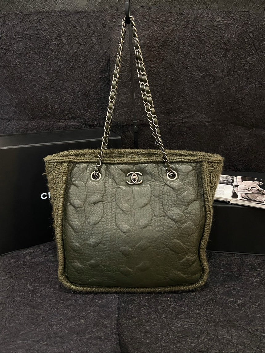 Chanel Knitted Olive Green Tote Bag with Card #18