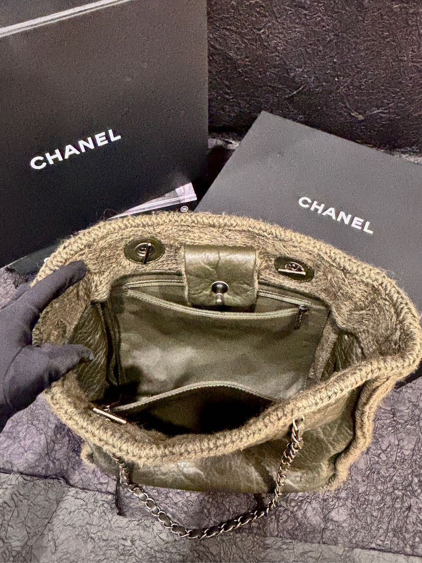 Chanel Knitted Olive Green Tote Bag with Card #18