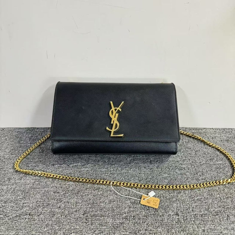 Preloved YSL Saint Laurent Kate Black Leather Clutch Bag with Gold Chain