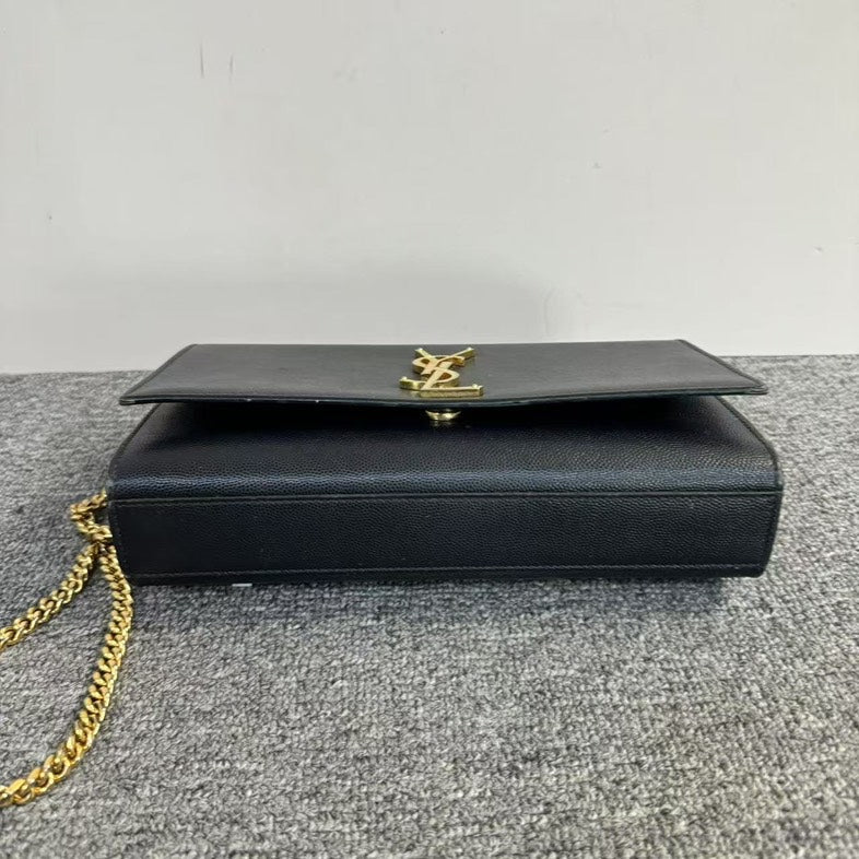 Preloved YSL Saint Laurent Kate Black Leather Clutch Bag with Gold Chain