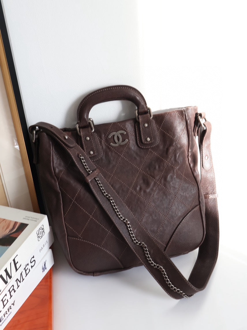 Chanel Vintage Style Brown Leather Handle Bag with Strap #1DEE