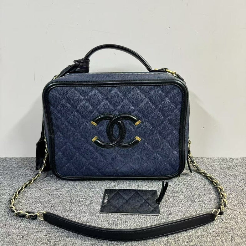 Preloved Chanel Box Bag Navy Blue Leather Shoulder Bag