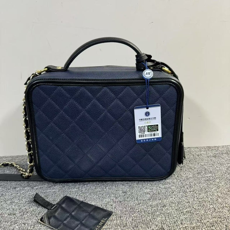 Preloved Chanel Box Bag Navy Blue Leather Shoulder Bag