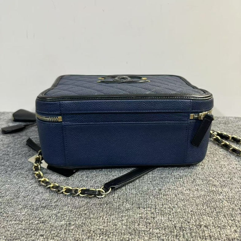 Preloved Chanel Box Bag Navy Blue Leather Shoulder Bag