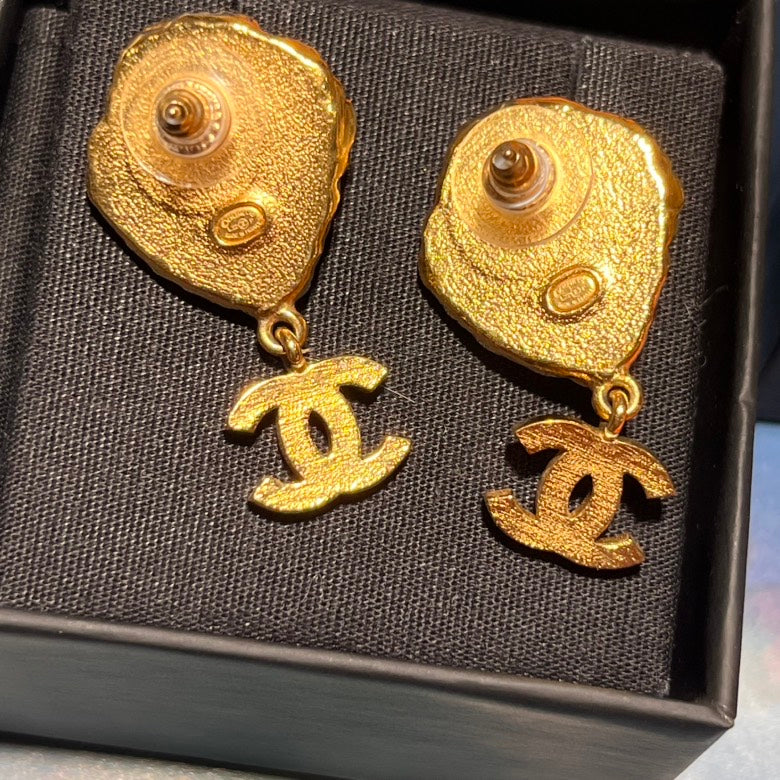 Chanel Lion CC Logo Gold and Crystal Earrings
