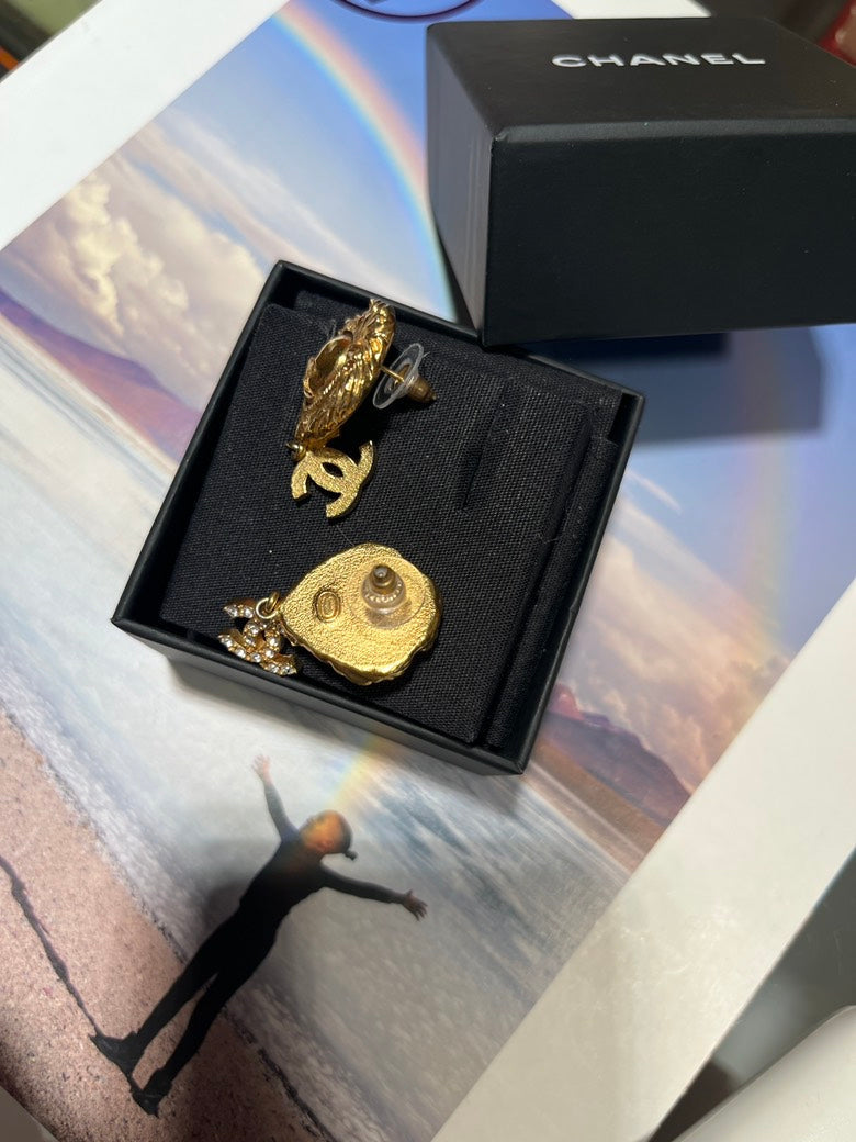 Chanel Lion CC Logo Gold and Crystal Earrings