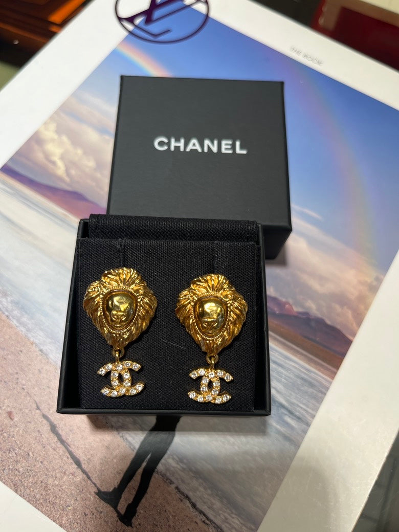 Chanel Lion CC Logo Gold and Crystal Earrings